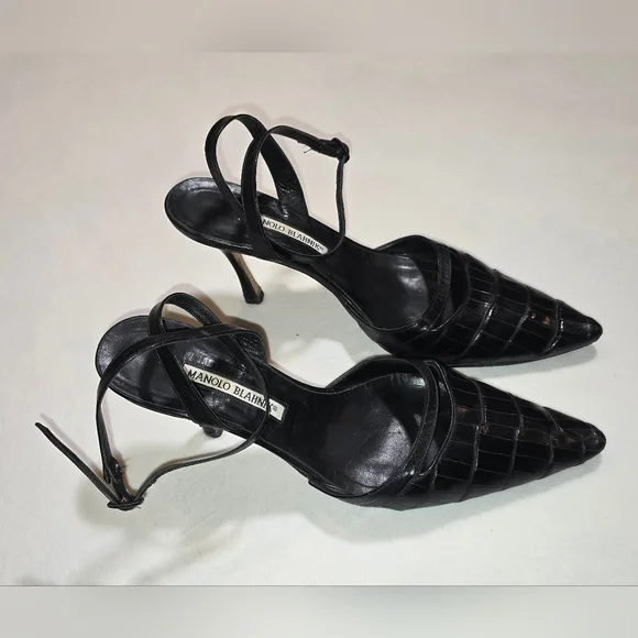 Authentic Manolo Blahnik Croc-Embossed Pointed Toe Slingback Heels 38.5